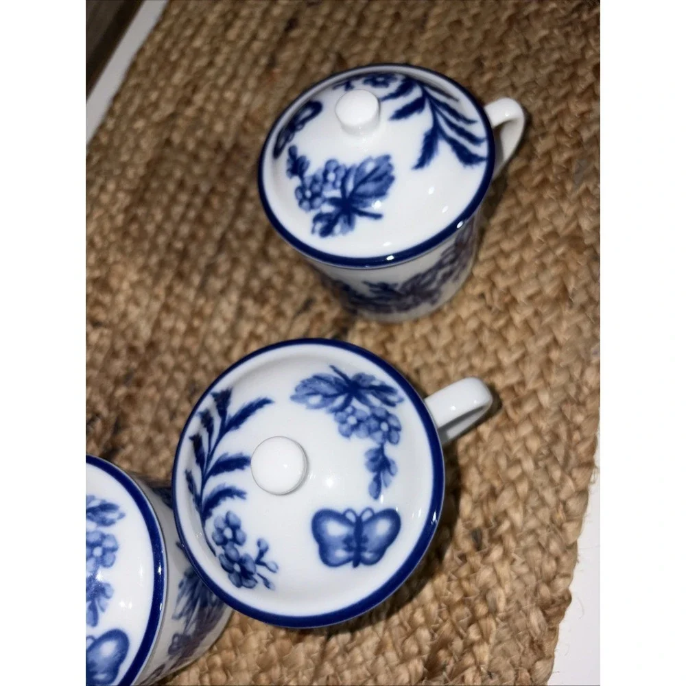 4 Williams Sonoma Flow Blue White Floral Coffee Tea Cup Mug Lids Dishwasher Safe